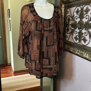 VTG Bob Mackie Black & Orange  Geometric Print Blouse Sz L- wearable art